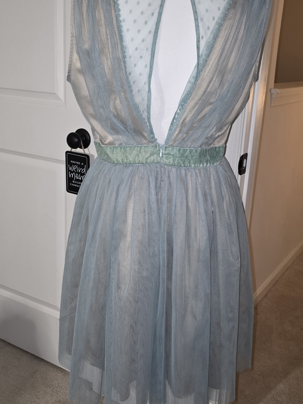 Powder Blue Sheer Tulle Cocktail Dress with Velvet Waistband Tan Underslip Large - Picture 12 of 16